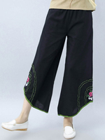 Vintage Women Embroidery Elastic Waist Wide Leg Pants