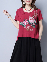 Vintage Women Floral Embroidered Short Sleeve T-shirts