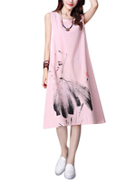 Vintage Women Ink Printed Linen Cotton Sleeveless Dress