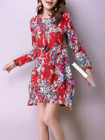 Vintage Women O-Neck Long Sleeve Loose Print Dresses