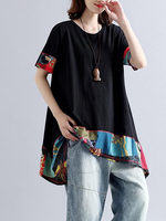 Vintage Women Patchwork Short Sleeve Irregular Hem T-shirts