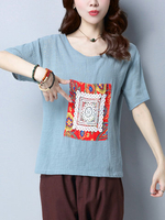 Vintage Women Patchwork Short Sleeve O-neck T-shirts