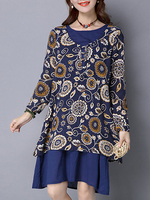 Vintage Women Print Patchwork Long Sleeve Button Dress