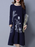 Vintage Women Printed Long Sleeve Side Split Dress