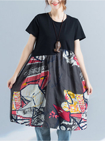 Vintage Women Printed Patchwork Short Sleeve Pockets Dress