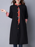 Vintage Women Printed Stand Collar Long Sleeve Long Coat