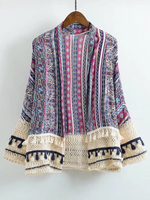 Vintage Women Printed Stitching Hollow Out Tassels Kimono