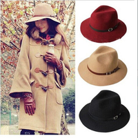 Vintage Women Wide Brim Wool Blend Belt Bowler Trilby Fedora Cap Cowboy Hat