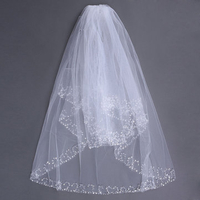 White 2 Layers Bride Ivory Elbow Beaded Edge Pearl Sequins Bridal Wedding Veil With Comb