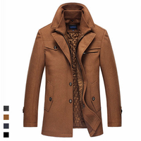 Winter Business Casual Double Collar Thicken Warm Pure Color Wool Overcoat For Men