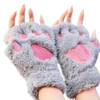 Women Bear Cat Paw Fluffy Plush Fingerless Gloves
