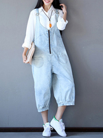 Women Blue Strap Zipper Pockets Jumpsuits Overalls