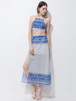 Women Boho Print Backless Halter Crop Tops With Split Skirt Suit
