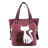 Women Canvas Fox Sewing Handbag Cute Animal Pattern Tote Bag For Women