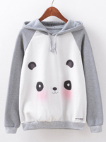 Women Cartoon Panda Printed Long Sleeve Cotton Hooded Sweatshirt