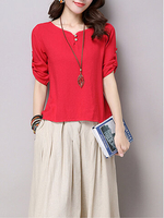 Women Casual 3/4 Sleeve Pure Color Buttons T-shirts