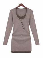 Women Casual Breasted Long Sleeve O-neck Mini Dress