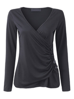 Women Casual Breasted Pleated Long Sleeve V-neck T-shirt