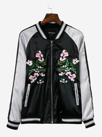 Women Casual Embroidery Mix Color Long Sleeve Baseball Coat