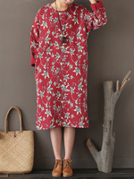 Women Casual Loose Floral Printed O-Neck Long Sleeve Dresses