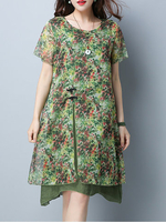 Women Casual Loose Printed O-Neck Short Sleeve Slit Dresses