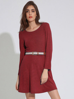 Women Casual Pure Color Long Sleeve A-line O-Neck Mini Dresses