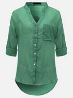 Women Casual V Neck Pure Color Single Breasted Long Sleeve Blouse