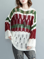 Women Color Contrast Striped Hollow Out Long Sleeve Sweater