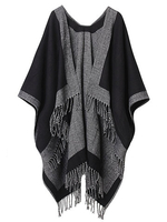 Women Contrast Color Batwing Sleeve Tassels Knit Cloak Shawl