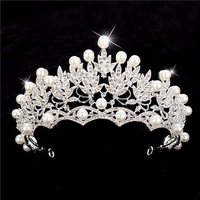 Women Crystal Pearl Silver Queen Crown Tiara Hair Accessories Headband