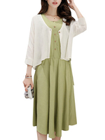 Women Elegant Fashion Two-Piece Waist Button Pure Color Dress