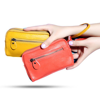 Women Elegant Genuine Leather Double Zipper Clutches Bag Ladies Cash Phone Cards Purse