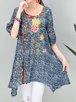 Women Embroidered Printed Plate Buckle Irregular Hem T-shirts