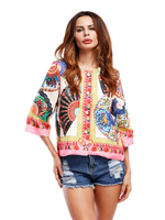 Women Ethnic Printed 3/4 Sleeve O-neck Short Blouses