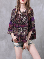 Women Ethnic Printed Flare Sleeve O-Neck Loose Blouses