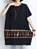 Women Ethnic Printed Short Sleeve Casual Cotton Loose T-shirts