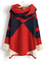 Women Fashion Elegant Contrast Color Stitching Batwing Sleeve Scarf Knit Blouse