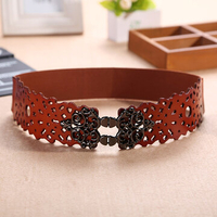 Women First Layer Leather Hollow Belts Elastic Stretch Corset Metal Button Waistband