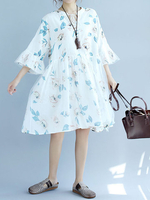Women Flare Sleeve Floral Printed High Waist Loose Dresses