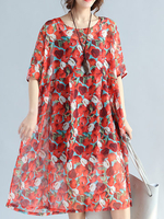 Women Floral Printed Half Sleeve High Waist Loose Chiffon Dresses