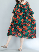 Women Floral Printed Half Sleeve O-neck Loose Vintage Dresses