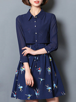 Women Floral Printed Long Sleeve Buttons Chiffon Mini Dresses