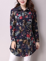 Women Floral Printed Long Sleeve Lapel Cotton Folk Style Blouses