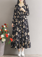 Women Floral Printed Long Sleeve V-neck Chiffon Maxi Dresses