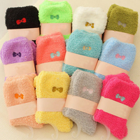 Women Fuzzy Coral Fleece Bowknot Embroidery Pattern Candy Color Socks