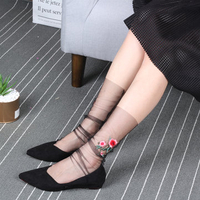 Women Girl Rose Flower Embroidery High Push Socks Summer Glass Mesh Harajuku Style Sock