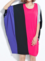 Women Half Sleeve Patchwork Contrast Color Loose Dress