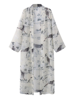 Women Ink Printed Long Sleeve Slit Hem Beach Long Chiffon Kimono