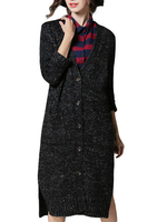 Women Knitwear Vintage V Neck Pockets Buttons Long Cardigan