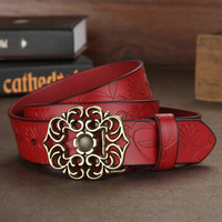 Women Ladies Second Layer Belt Cow Genuine Leather Flower Strap Retro Lotus Leaf Buckle Belts